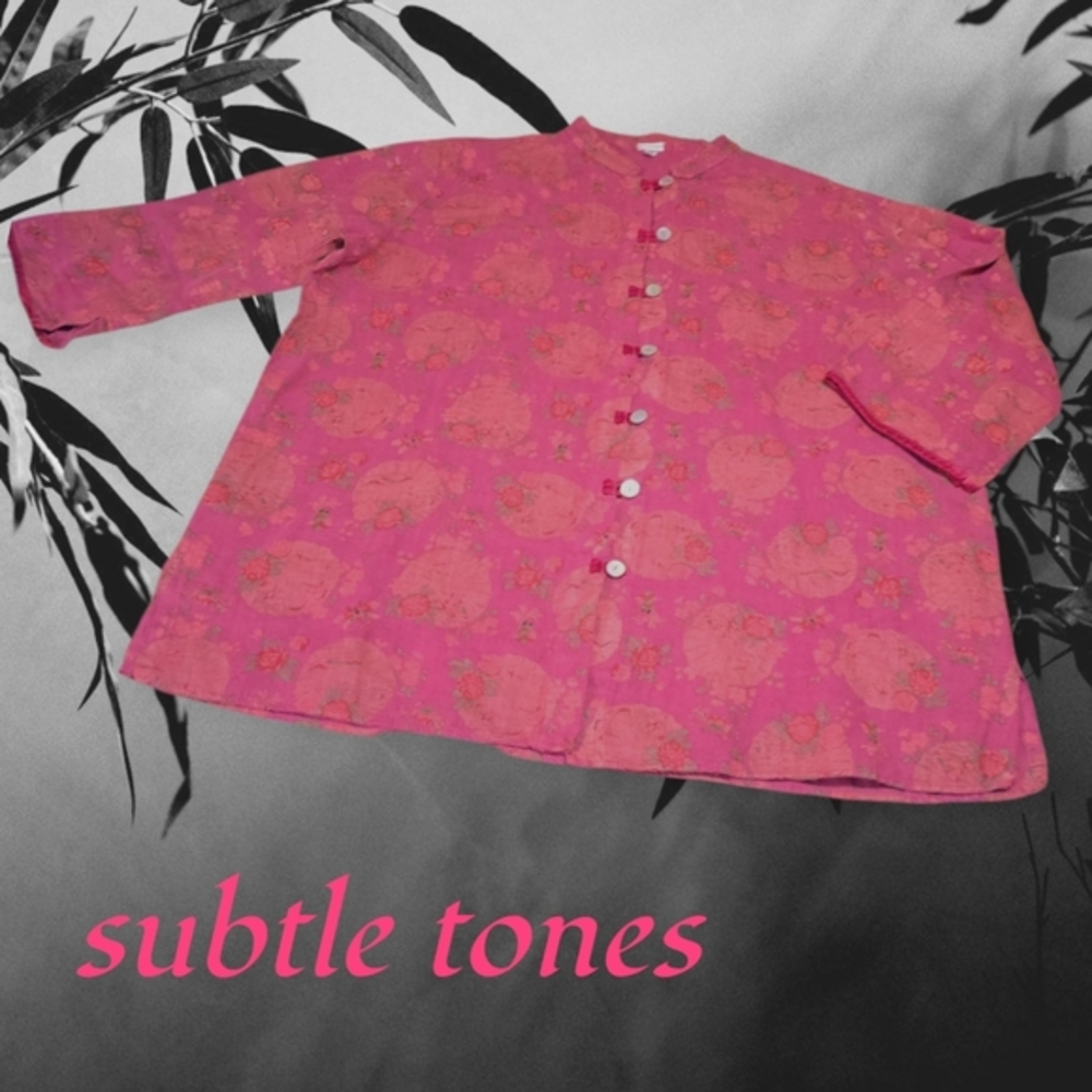 Subtle Tones Women's Mandarin Collar Linen Tunic Lagenlook Pink Floral 2 M/L